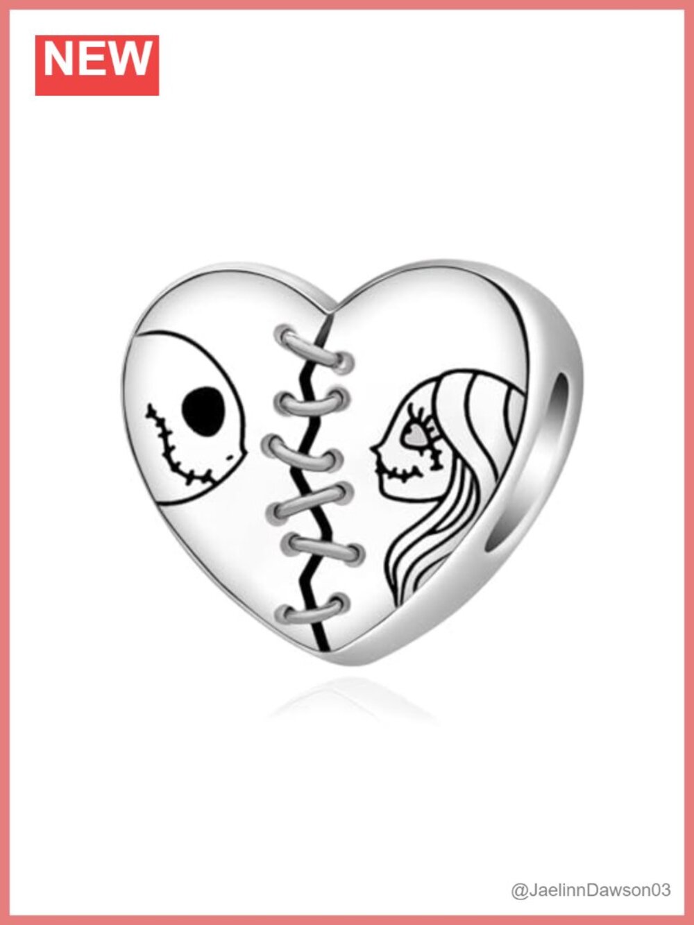 Jack Sally Heart Bead Charm S925 Sterling Silver Halloween Bracelet Charm